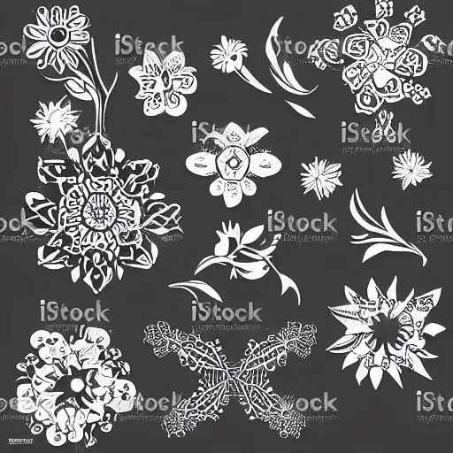 Prompt: a vector art of flowers, ornamental, mystic, black and white, clear shapes, ornament, flower