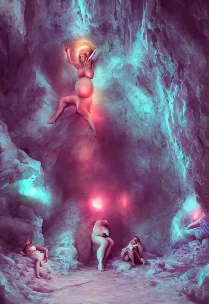 Image similar to epic pregnant woman talking to all her tribe with fluorescence bodies, proud people gather around the pregnant woman, ice cave, facinating, fantasy digital art, octane render, beautiful composition, trending on artstation, award - winning matte painting, masterpiece