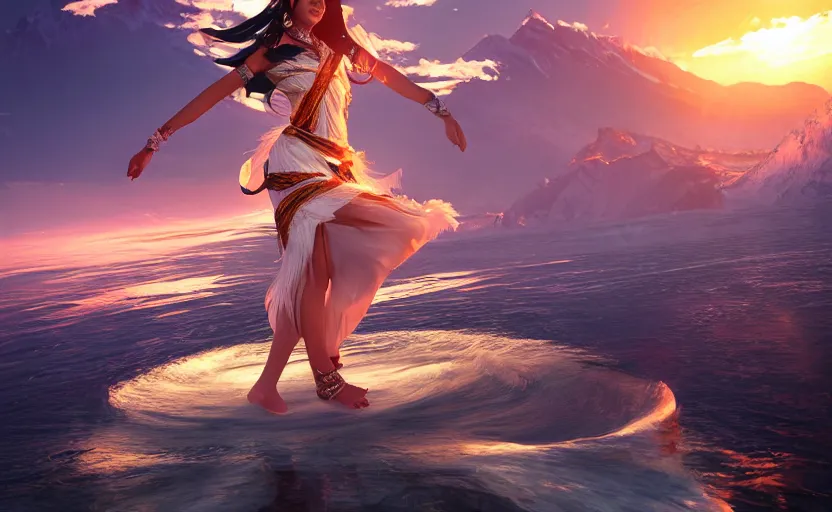 Image similar to Himalayan priestess dancing on water, beautiful flowing fabric, sunset, dramatic angle, 8k hdr pixiv dslr photo by Makoto Shinkai ilya kuvshinov and Wojtek Fus