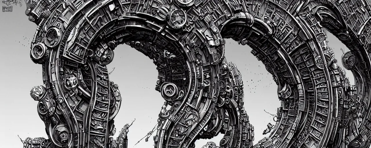 Image similar to a double helix dna cyberpunk steampunk stone carved archway corner, details, lineart, by vincent di fate and joe fenton, inking, screen print, masterpiece, trending on artstation, sharp, high contrast, hyper - detailed, ultrawide, hd, 4 k, 8 k