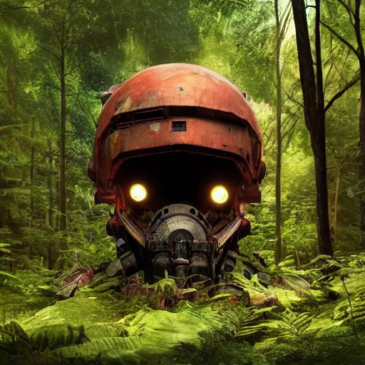 Image similar to in the style of ghostshrimp and laurie greasley a giant decaying robot head in an enchanting and lush forest that has been turned into a quaint house, highly detailed, 8k wallpaper