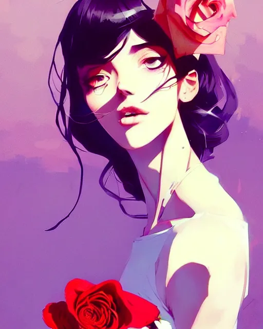 Image similar to a ultradetailed beautiful panting of a stylish woman holding a rose, by conrad roset, greg rutkowski and makoto shinkai, trending on artstation