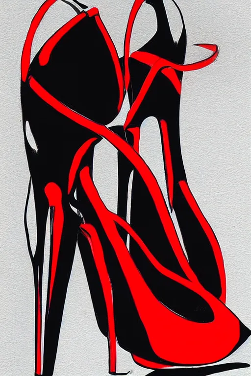 Image similar to black high heels with red bottoms, illustration, graphic design, high fashion, elegant, color pencil drawing, pop art style,