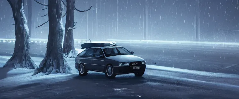 Image similar to Audi A4 B6 Avant (2002), a gritty neo-noir, dramatic bright lighting, cinematic, establishing shot, extremely high detail, photorealistic, cinematic lighting, artstation, by simon stalenhag, Snowy finnish road, At night, Poets of the Fall - Late Goodbye