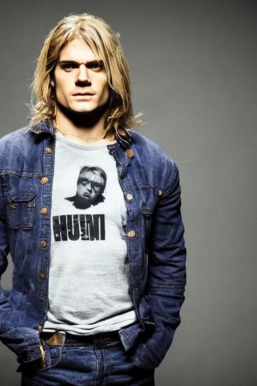 Prompt: Henry Cavill as Kurt Cobain , promo shoot, studio lighting