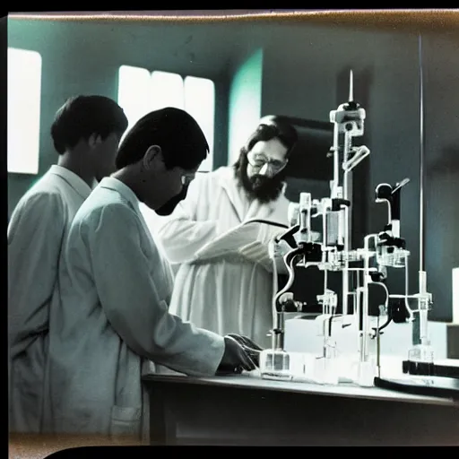 Image similar to color photography of jesus in a university chemistry lab by hisaji hara