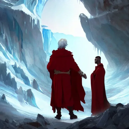 Image similar to dante alighieri and the poet virgil looking at the devil who is frozen in ice in a cavern 4 k, concept art, by wlop, ilya kuvshinov, artgerm, krenz cushart, greg rutkowski, pixiv. cinematic dramatic atmosphere, sharp focus, volumetric lighting, cinematic lighting, studio quality