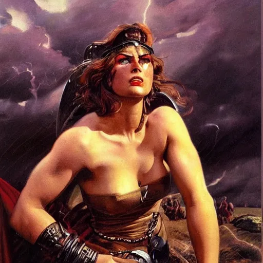 Image similar to ultra realistic portrait painting of an angry valkyrie woman, art by frank frazetta, vintage levi ’ s ad, stormy weather, dark vibes, 4 k, ultra realistic, highly detailed, epic lighting