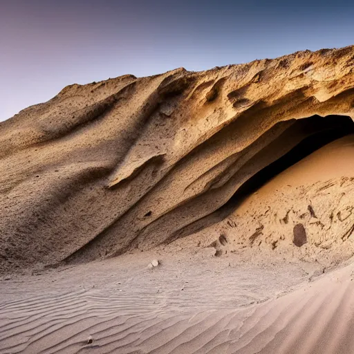 Image similar to Gentle rolling sand dunes, cave entrance, abandoned mineshaft, old wood, grey jagged rock, 4K, high detail, Fallen trees, darkness, water, cloudless sky, smoke rising in background, 8k ultra realistic, photography