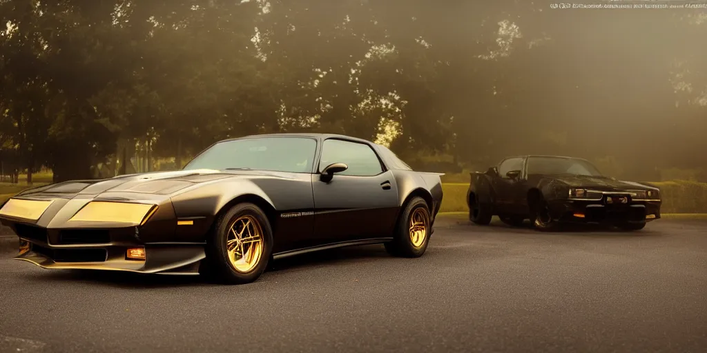 Image similar to parked black Pontiac Firebird Trans Am from Knight Rider, fog, rain, volumetric lighting, beautiful, golden hour, sharp focus, ultra detailed, cgsociety