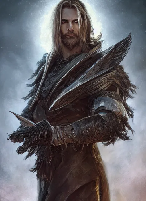 Prompt: An epic fantastic realism comic book style portrait painting of an aasimar hexblade warlock, male, massive angel wings, petrol energy, long shaggy hair, short beard, D&D Concept Art, unreal 5, DAZ, hyperrealistic, octane render, cosplay, RPG portrait, dynamic lighting