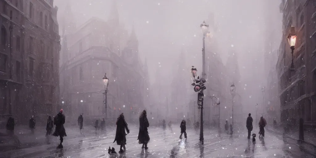 Image similar to two people in the street of london in winters, greg rutkowski style, trending on artstation