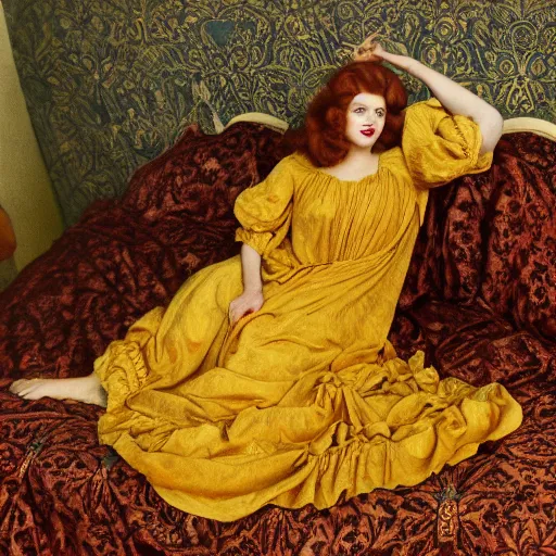 Image similar to preraphaelite photography reclining on bed, a hybrid of judy garland and lady gaga, aged 2 5, big brown fringe, yellow ochre ornate medieval dress, william morris, 4 k