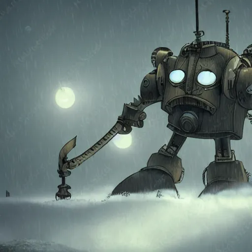 Image similar to a steampunk mech walking through a blizzard in a snowy waste land, studio ghibli, anime, extremely detailed, foggy, moonlight,