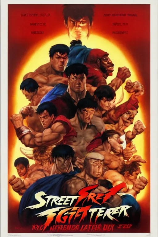 Prompt: Movie poster of Street Fighter 2, by frank frazetta, ilya repin, 8k, hd, high resolution print