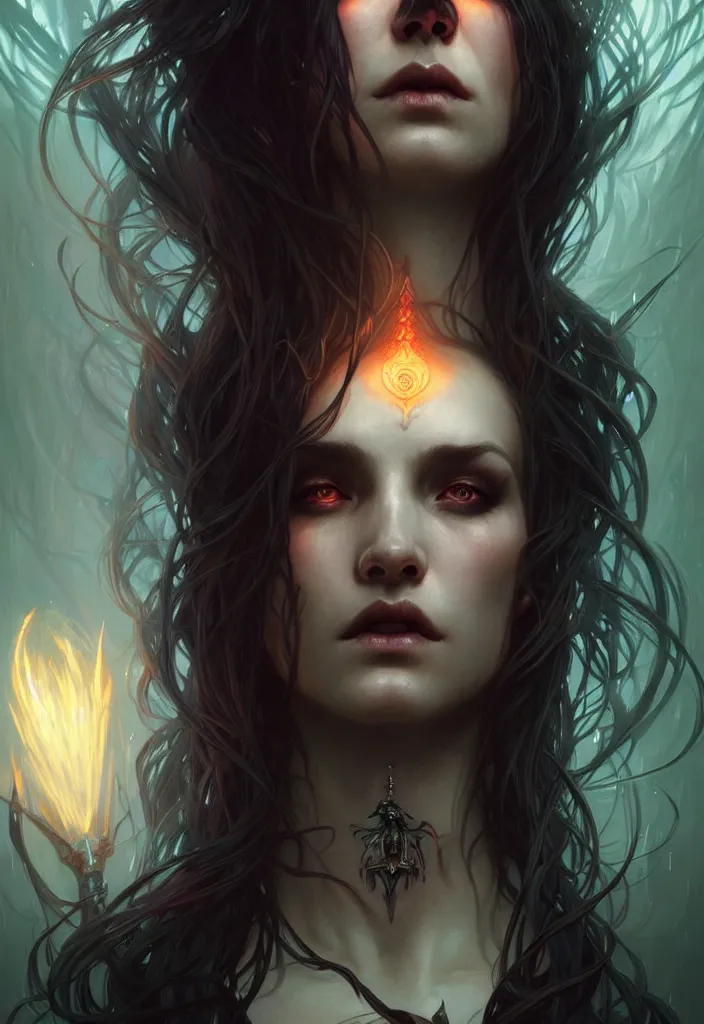 Image similar to Necromancer Sorceress face in center, fantasy magic, undercut hairstyle, dark light night, intricate, elegant, sharp focus, illustration, highly detailed, digital painting, concept art, matte, art by WLOP and Artgerm and Greg Rutkowski and Alphonse Mucha, masterpiece