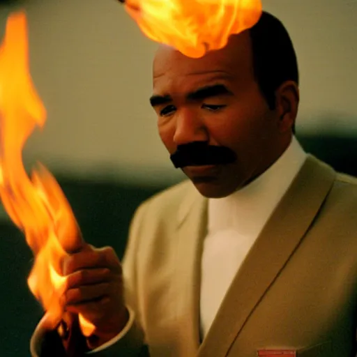 Prompt: cinematic film still of Steve Harvey starring as a Japanese Sensei with fire, Japanese CGI, VFX, 2003, 40mm lens, shallow depth of field, film photography