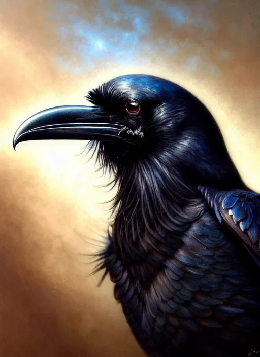 Image similar to closeup portrait of a raven, realistic, professionally, professionally color graded, intricate, elegant, highly detailed, centered, digital painting, artstation, concept art, smooth, sharp focus, illustration, artgerm, tomasz alen kopera, peter mohrbacher, donato giancola, mucha, joseph christian leyendecker, wlop, boris vallejo