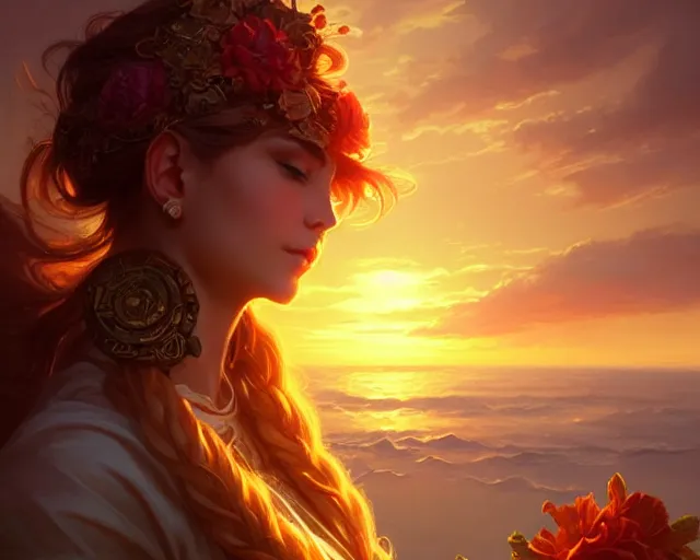 Image similar to a sunset but replace the sun for a flower , D&D, fantasy, intricate, elegant, highly detailed, digital painting, artstation, concept art, matte, sharp focus, illustration, hearthstone, art by Artgerm and Greg Rutkowski and Alphonse Mucha