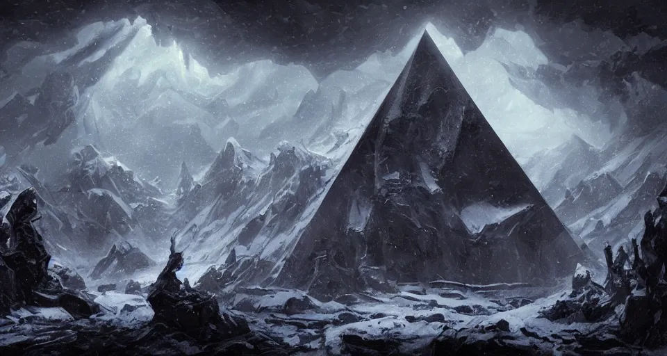 Image similar to black lovecraftian eldritch!! obsidian pyramid!! on a snowy mountain, being found by explorers, snowy, windy, by eugene von guerard, ivan shishkin, night, red lightning!!, storm!, dramatic lighting, concept art, trending on artstation, 8 k