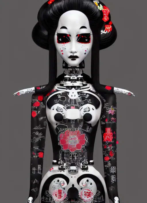 Image similar to full body portrait of a gothic japanese robot geisha with kanji tattoos and decals wearing a digital pixelated kimono, intricate design, photorealistic, octane render, raytraced, ultra fine detailed, character design, trending on artstation