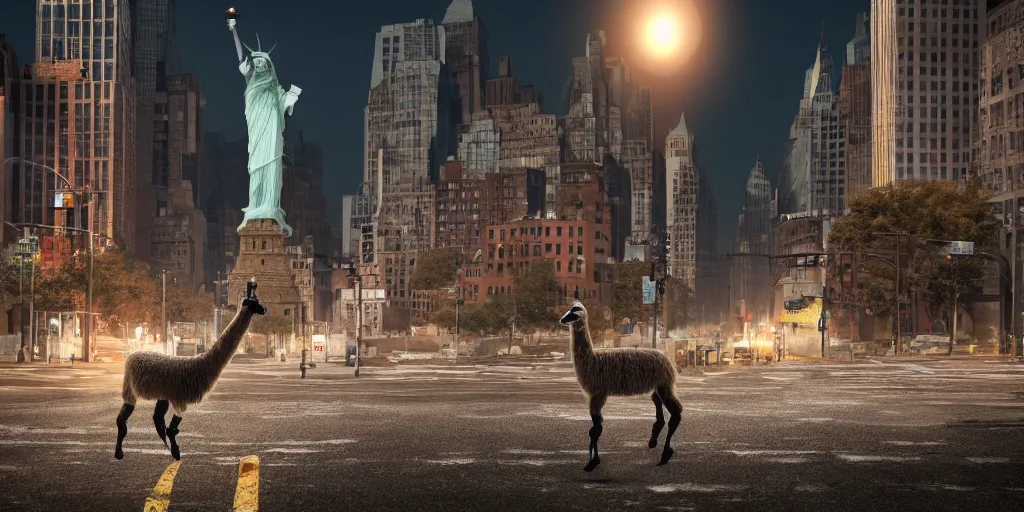 Image similar to a llama walking through a desolate manhattan city street at night, statue of liberty seen in the background, realistic 4 k octane beautifully detailed render, 4 k post - processing, highly detailed, detailed face, intricate complexity, epic composition, magical atmosphere, cinematic lighting, masterpiece, color picture, ultra hd