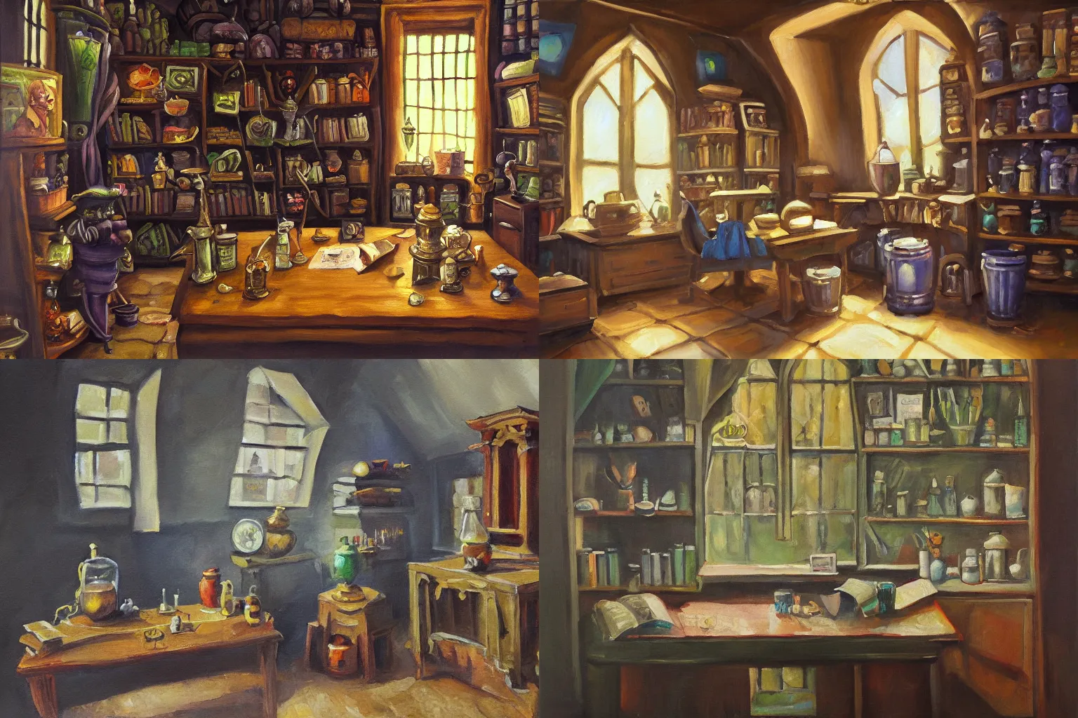 Prompt: an office of a potion master, oil painting