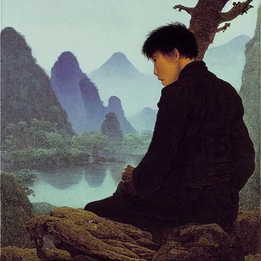 Image similar to a young man in guilin, by caspar david friedrich,