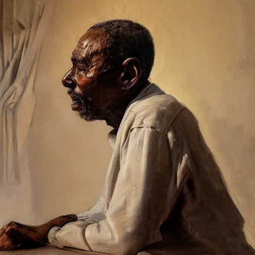 Prompt: a painting of a thinker, thoughtful, focused, visionary, calm, jovial, loving, fatherly, generous, well fed, few eyebrows, elegant elder and his on from Kenya by Henry Ossawa Tanner . dramatic angle, ethereal lights, details, smooth, sharp focus, illustration, realistic, cinematic, artstation, award winning, rgb , unreal engine, octane render, cinematic light, macro, depth of field, blur, red light and clouds from the back, highly detailed epic cinematic concept art CG render made in Maya, Blender and Photoshop, octane render, excellent composition, dynamic dramatic cinematic lighting, aesthetic, very inspirational, arthouse.