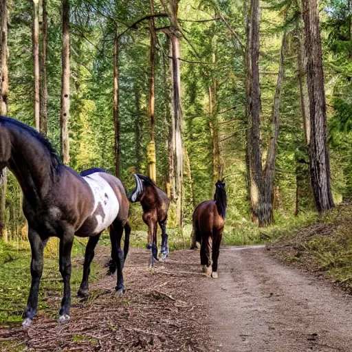 Image similar to two dead horses blocking the path in the woods. each horse has several black - feathered arrows sticking out of it. photo, 4 k