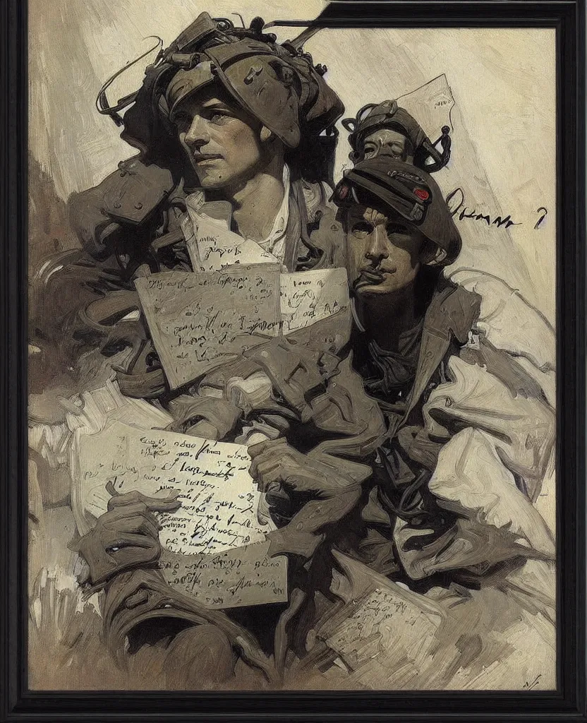 Image similar to a painting of lots of words in a hand written letter by a soldier in el alamein battle, wwii, black and white, jeremy mann, alphonse mucha