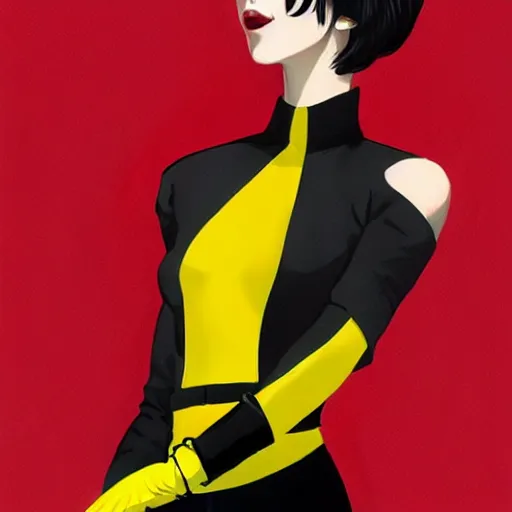 Image similar to slim girl in yellow snake skin tuxedo and black leather gloves with short black hair and with black eye patch, elegant, 2d, ultra highly detailed, digital painting, smooth, sharp focus, artstation, art by Ilya Kuvshinov