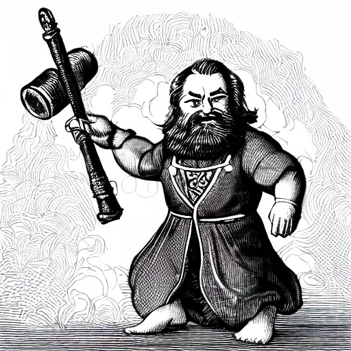 Prompt: dwarf with beard, holding a bomb, dnd, high detail, fantasy, in the style of vintage antique illustration and line drawing or engraving