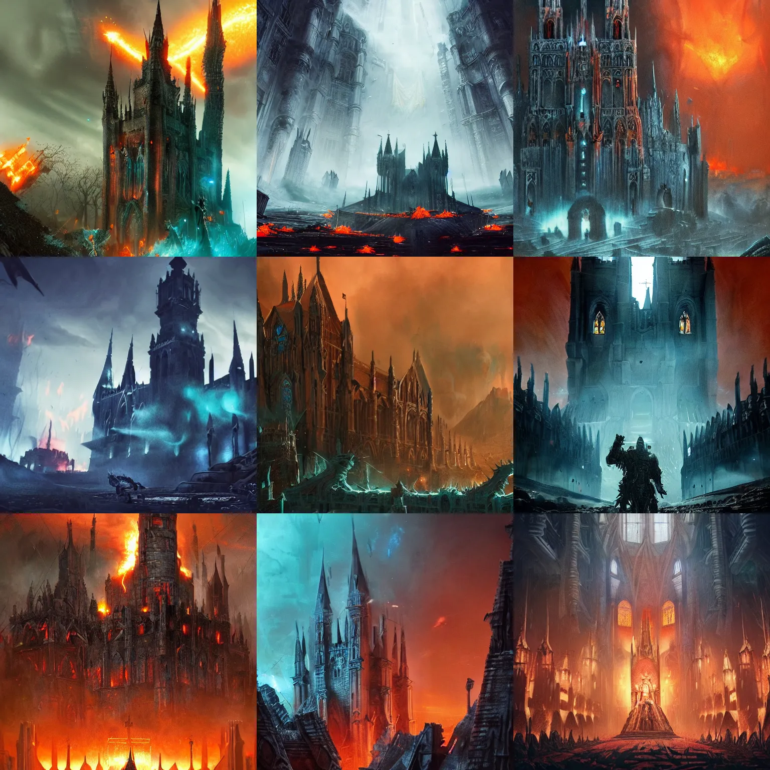 Prompt: epic battlefield. medieval. epic fantasy cathedral castle. denis villeneuve. hr giger. night. glowing light. orange and teal. artstation trending. destruction. final battle. epic fantasy film. high fantasy. highly detailed. fine details.