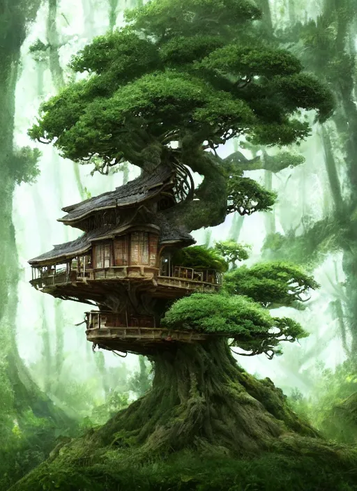 Image similar to beautiful tree house in a gnarly bonsai in a ancient forrest, dynamic lighting, cinematic, establishing shot, extremly high detail, foto realistic, cinematic lighting, post processed, concept art, artstation, matte painting, style by ghibli, myazaki