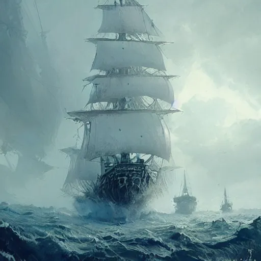 Prompt: detailed white pirate ship with hundreds of white feathers by greg rutkowski, enigmatic atmosphere, beautiful and cinematic lighting, artstation hq.