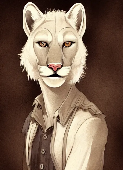 Image similar to beautiful portrait commission of a male furry anthro albino mountain lion with dark brown eyes wearing old-timey miner's clothes in an old saloon. Atmospheric. Character design by charlie bowater, ross tran, artgerm, and makoto shinkai, detailed, inked, western comic book art