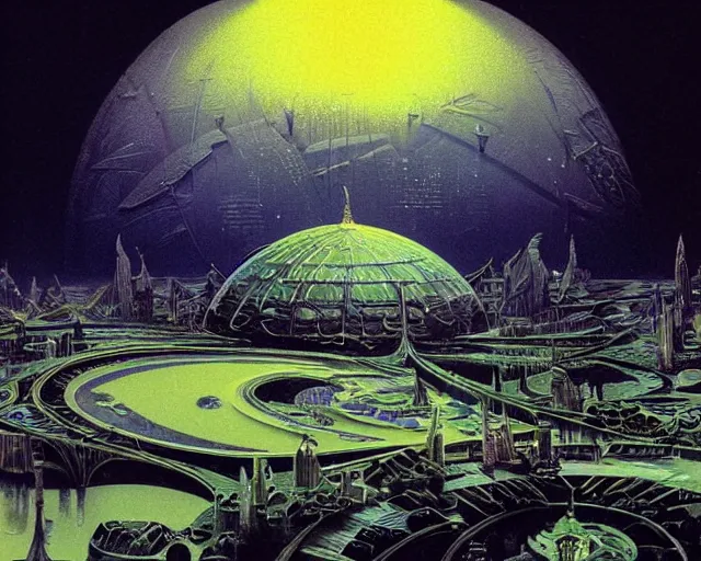 Image similar to a hyper detailed view of a large domed city on the moon, solarpunk, ecopunk, futuresynth, majestic, epic metropolis, by eyvind earle and patrick woodroffe