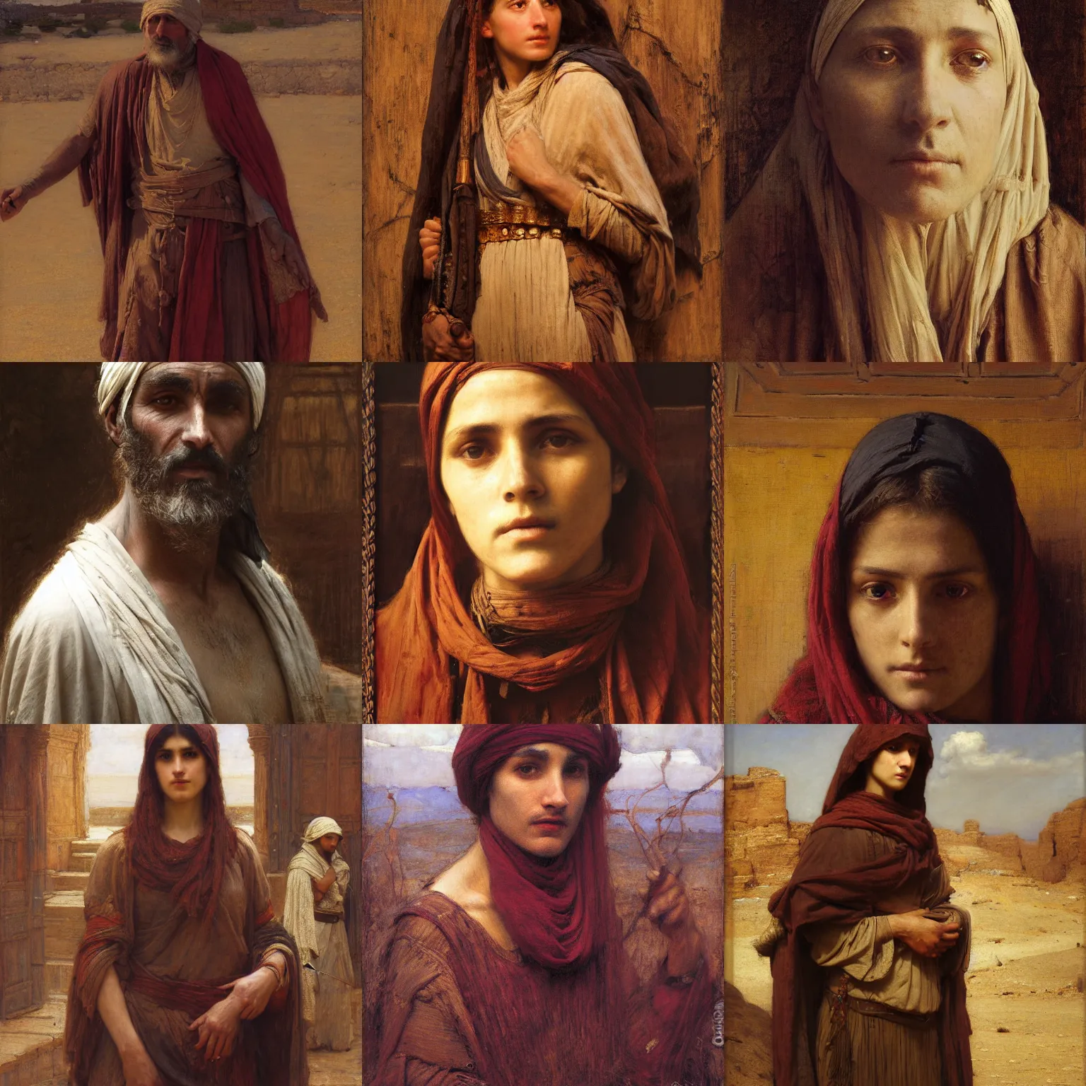 Prompt: dust-worn pilgrim orientalist intricate portrait by john william waterhouse and Edwin Longsden Long and Theodore Ralli and Nasreddine Dinet, oil on canvas. Cinematic, hyper realism, dramatic lighting, high detail 8k