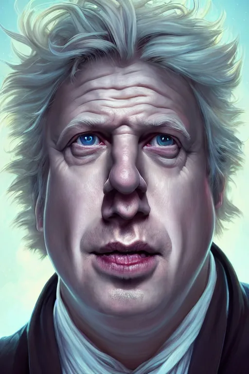 Prompt: Boris Johnson as Rick Sanchez, one eyebrow, white robe, big eyes, 2d portrait, symmetrical, highly detailed, digital painting, artstation, concept art, smooth, sharp focus, illustration, cinematic lighting, art by artgerm and greg rutkowski and alphonse mucha