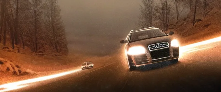 Image similar to Audi A4 B6 Avant (2002), a gritty neo-noir, dramatic bright lighting, cinematic, establishing shot, extremely high detail, photorealistic, cinematic lighting, artstation, by simon stalenhag, Snowy italian road, Snowy Alps, car crash, At night, Poets of the Fall - Late Goodbye