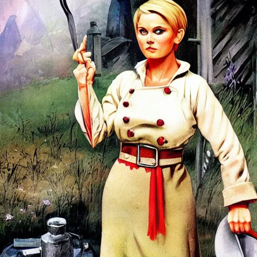 Image similar to determined elf woman with short blonde hair wearing a kitchen maid's uniform while holding a chef's knife and standing in the rain, fantasy character portrait by Frank Frazetta