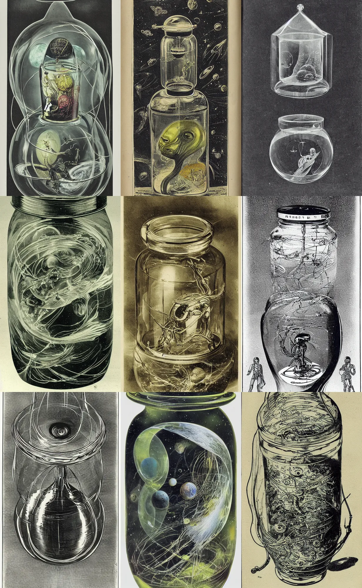 Prompt: glass jar with rich and very beautiful cosmic sci-fi alien space life inside zoological scientific illustration, made by Ernst Haecke