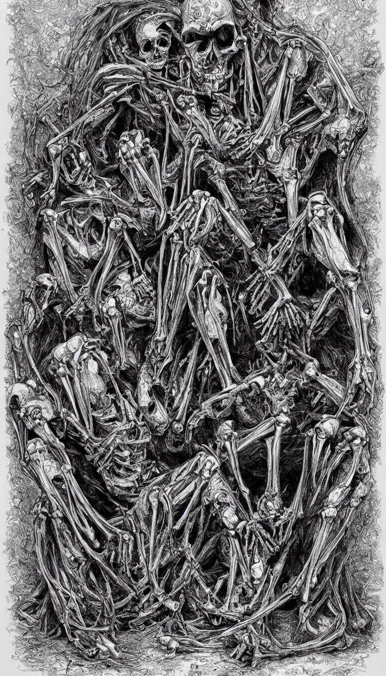 Prompt: human skeletons fused together into a royal throne, black and white, intricate, very detailed, in the style of mark riddick,
