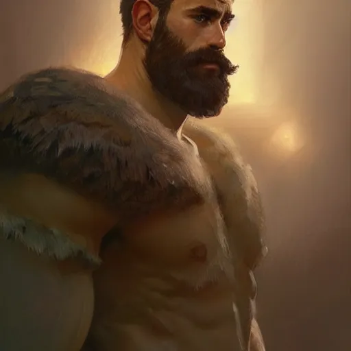 Image similar to portrait of a young rugged ranger, muscular, upper body, hairy thighs, D&D, fantasy, intricate, cinematic lighting, highly detailed, digital painting, artstation, concept art, smooth, sharp focus, illustration, art by Artgerm and Greg Rutkowski and Alphonse Mucha