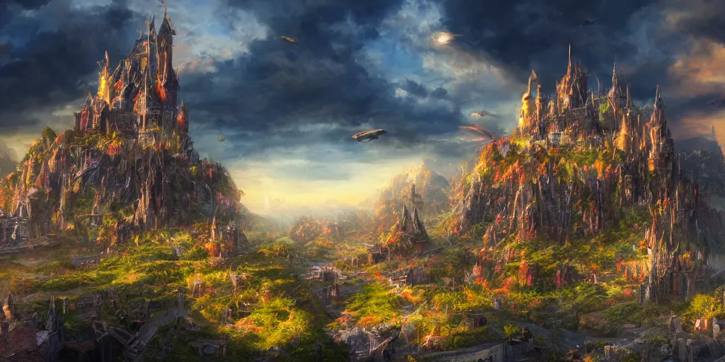 Image similar to a kingdom in a fantasy world, colorful, high fantasy, rutkowski, professional artwork, sunny, clouds, detailed, highly detailed buildings, artstation, jim burns, 8k,