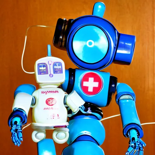 Image similar to a toy robot nurse intended to keep in house hospital patients healthy and happy and to provide company to the lonely, meant to bring hope and joy, very friendly and sweet, a nurse robot, real life, vhs distortion, positive