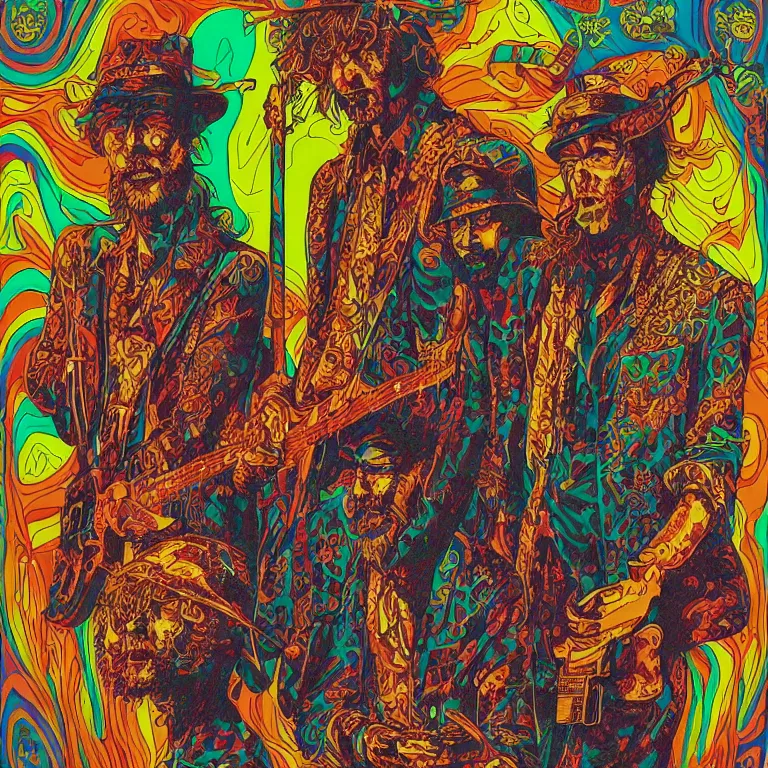 Prompt: beautiful colorful hyperrealist highly detailed psychedelic music poster'zombie beegees ', psychedelic art nouveau, beautiful high contrast colored wood engraving, moebius comic style, shocking detail trending on artstation 8 k