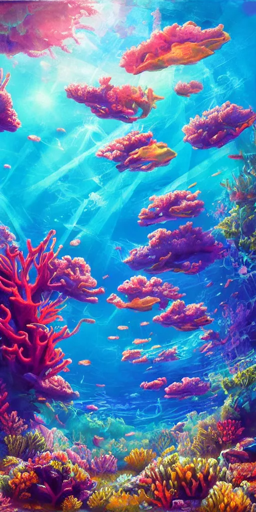 underwater neon coral reef landscape magical realism