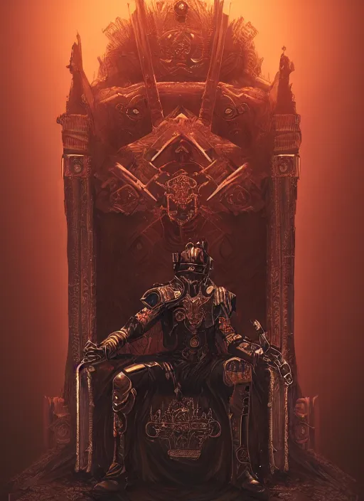 Image similar to a portrait of an old king on the throne, cyberpunk, grim - lighting, high - contrast, intricate, elegant, highly detailed, digital painting, artstation, concept art, smooth, sharp focus, illustration